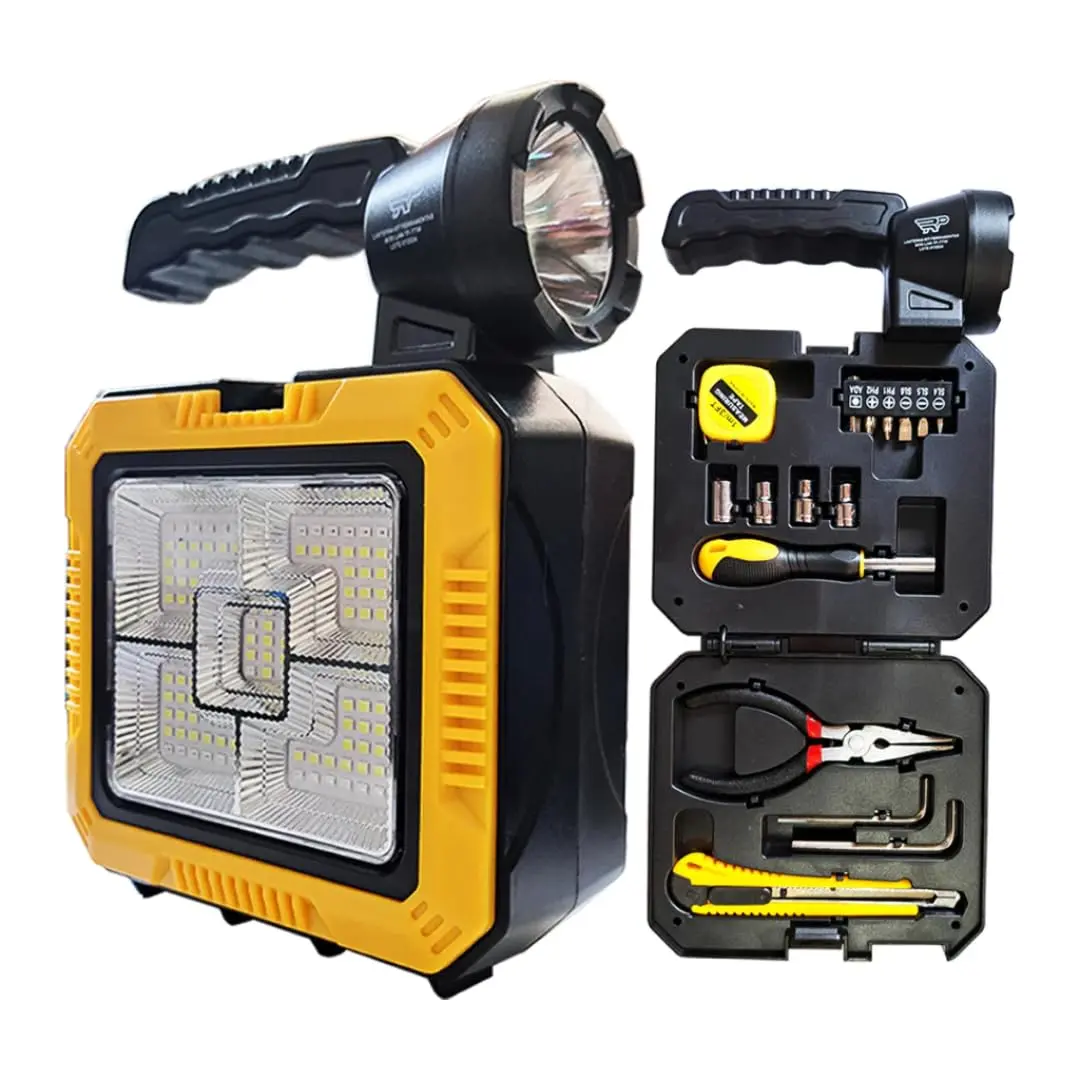 Lanterna LED Multifuncional Recarregável Solar e USB - Holofote de Emergência + Power Bank e Kit Ferramentas Completo