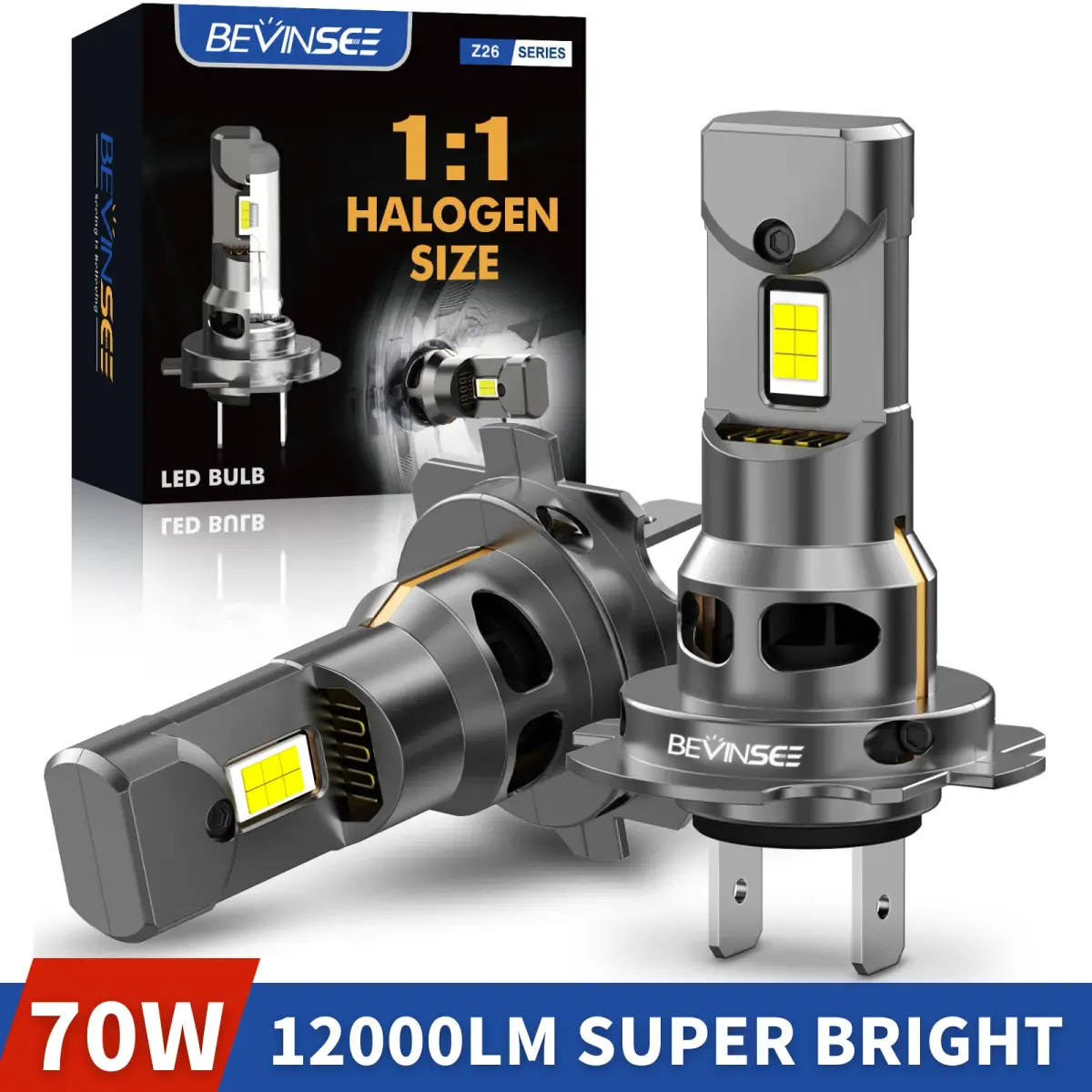 Lâmpadas de Farol LED BEVINSEE H7 CANBUS Tamanho 1:1 de Halógeno Plug and Play H4 H1 H11 HB3 9005 HB4 9006 Luzes LED para Carro 70W 12000LM 12V