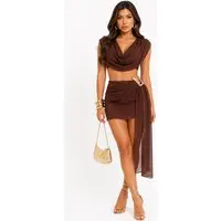 Conjunto D Bell Outlet Fashion Cropped e Saia Drapeado Marrom