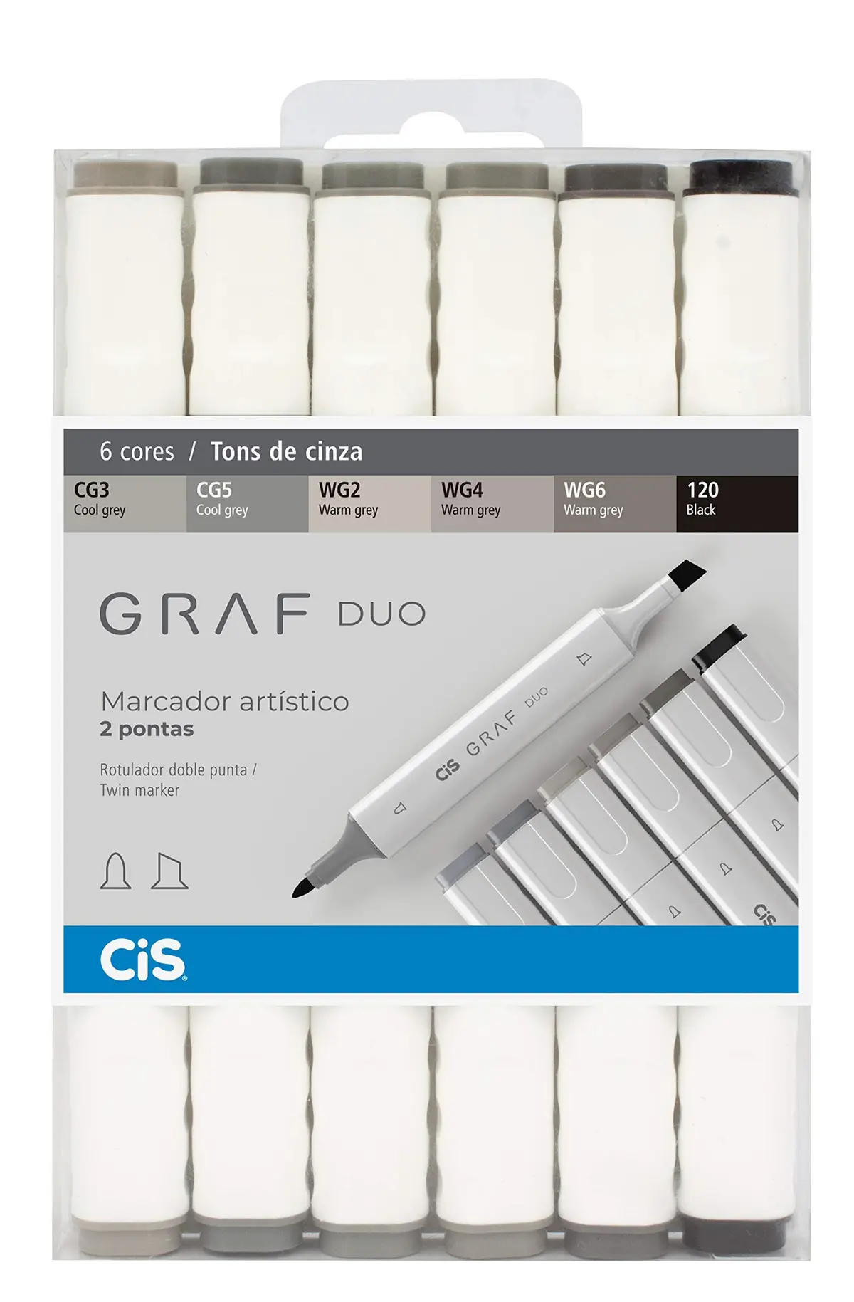 Marcador Artístico 2 Pontas, CiS, Graf Duo, 59.7700, 6 Cores, Tons Cinza - 1