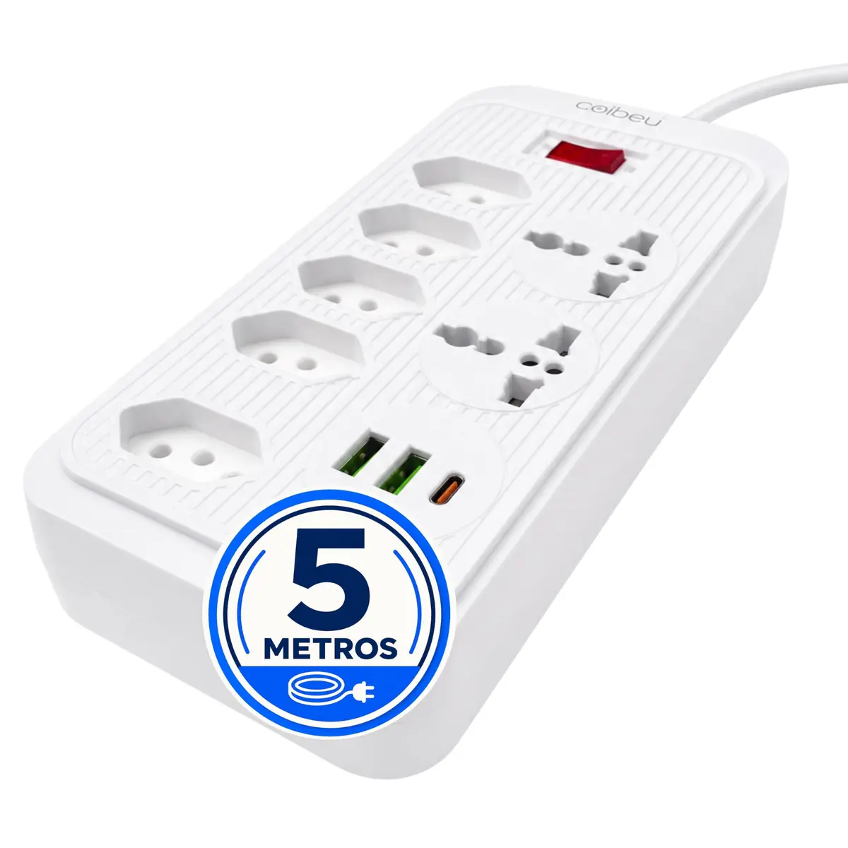 Extensão Elétrica 5 Metros com 10 Entradas, 5 Tomadas 10A Padrão Brasileiro, 2 Universais, 2 USB e 1 USB-C, Filtro de Linha Bivolt 110V/220V, 2500W, Proteção Sobrecarga, INMETRO