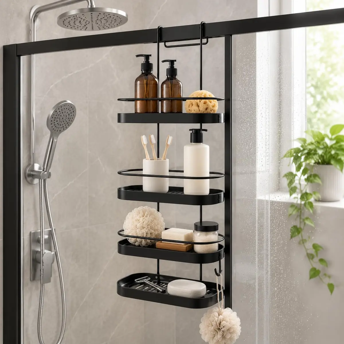 Suporte Porta Shampoo 3 Andares para Box Banheiro sem Furo(Preto) | Suporte de shampoo com 3 andares para box, encaixe sem furo, com drenagem de água e estrutura resistente