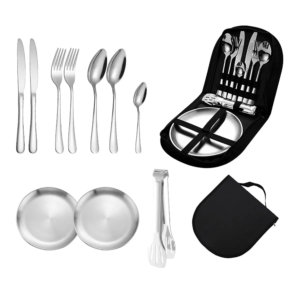 Kit 10 Peças de Talheres em Aço Inoxidável 304 com Bolsa – Leve e Compacto para Camping, Churrasco e Piquenique - 1