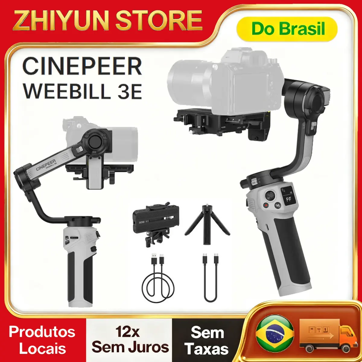 【Do Brasil】ZHIYUN CINEPEER WEEBILL 3E Estabilizador Gimbal Manual 3 Eixos 3KG Payload Disparo Vertical Nativo Controle Bluetooth para Câmeras DSLR Mirrorless Sony Canon Nikon Vlog YouTube Criadores de Conteúdo