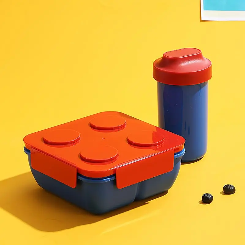 Sinovoe Marmita Lunch Box Azul 1100ml + 480ml Tampa Plástico com Silicone Colher PP Inclusa 17,2x17,2x7,8cm
