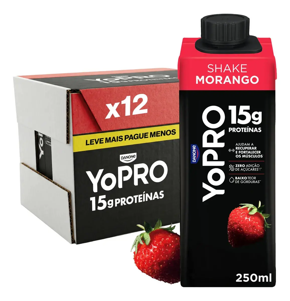 YoPRO Bebida Láctea UHT Morango 15g de proteínas 250ml - 12 unidades