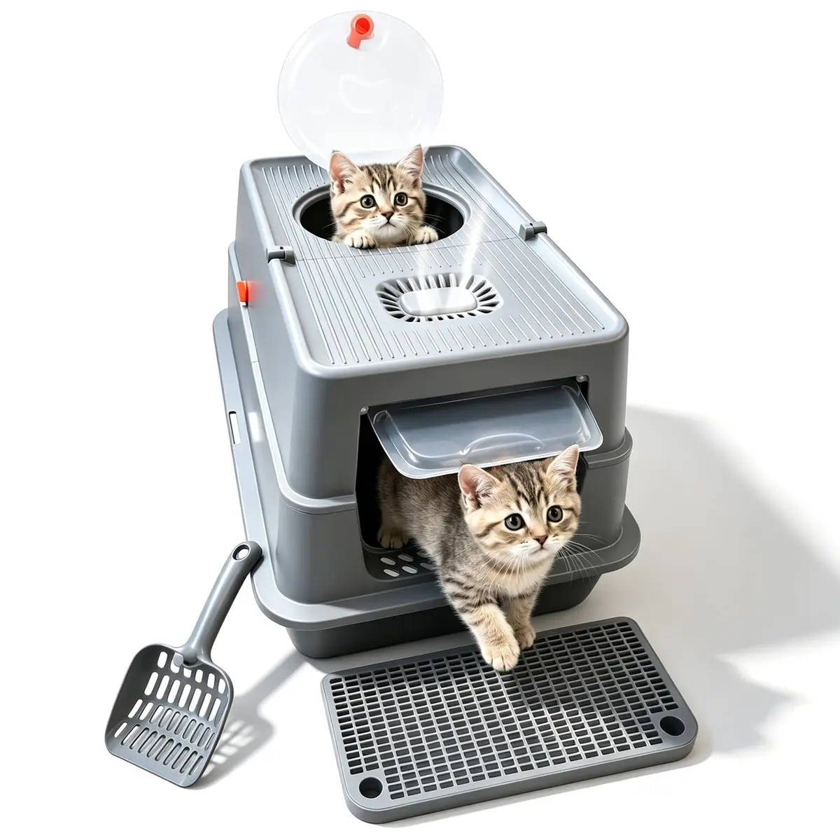 Caixa de Areia para Gatos em Aço Inoxidável Extra Grande, Banheiro Para Gatos Inclui Pá e Tapete Protetor, Entrada Dupla (Frente e Topo), Fechada, Tampa Removível, Antivazamento, Cinza Escuro