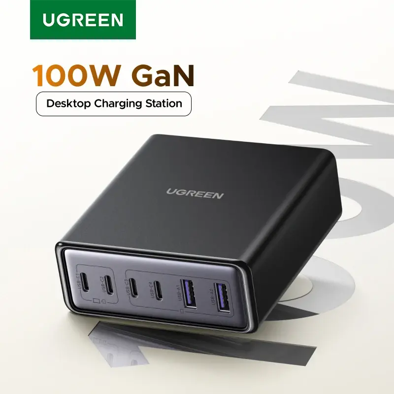 Ugreen 100w 65w gan carregador 6 em 1 desktop portátil carregador rápido para iphone18 17 16 pro max xiaomi samsung tablet macbook ar ipad - 1