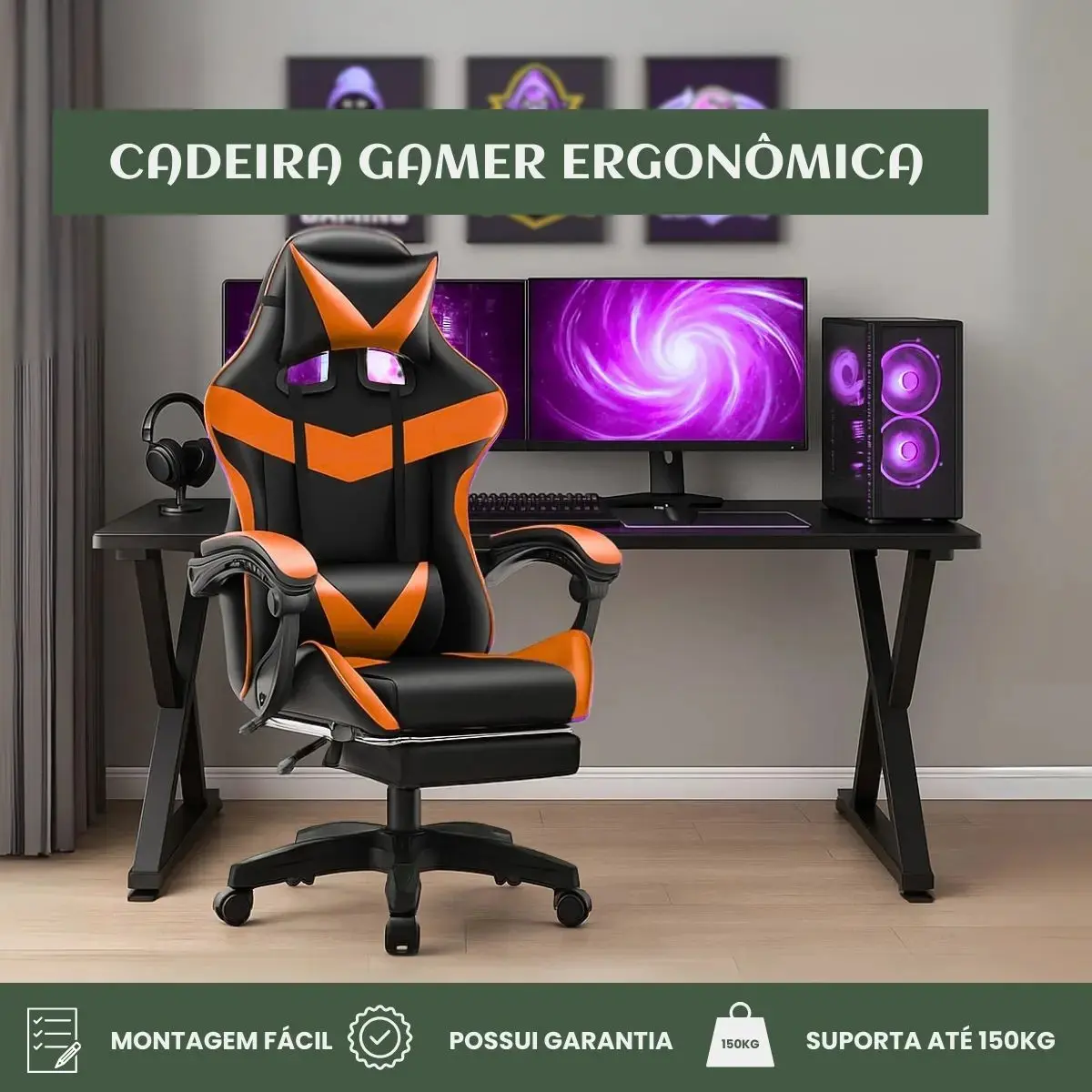 Cadeira De Escritório Gamer Nitro Ergonômica Estofado Couro Sintético Reclinável Altura Ajustável Apoio Para Pés Cor Laranja Luvinco thumbnail 3