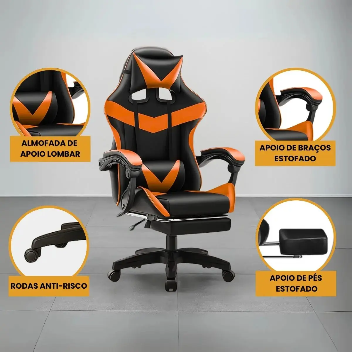 Cadeira De Escritório Gamer Nitro Ergonômica Estofado Couro Sintético Reclinável Altura Ajustável Apoio Para Pés Cor Laranja Luvinco thumbnail 4