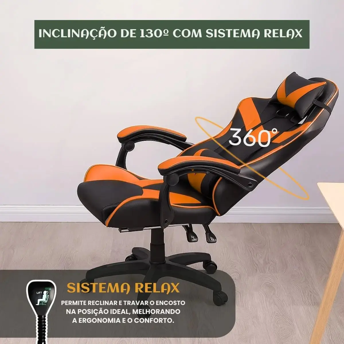 Cadeira De Escritório Gamer Nitro Ergonômica Estofado Couro Sintético Reclinável Altura Ajustável Apoio Para Pés Cor Laranja Luvinco thumbnail 5