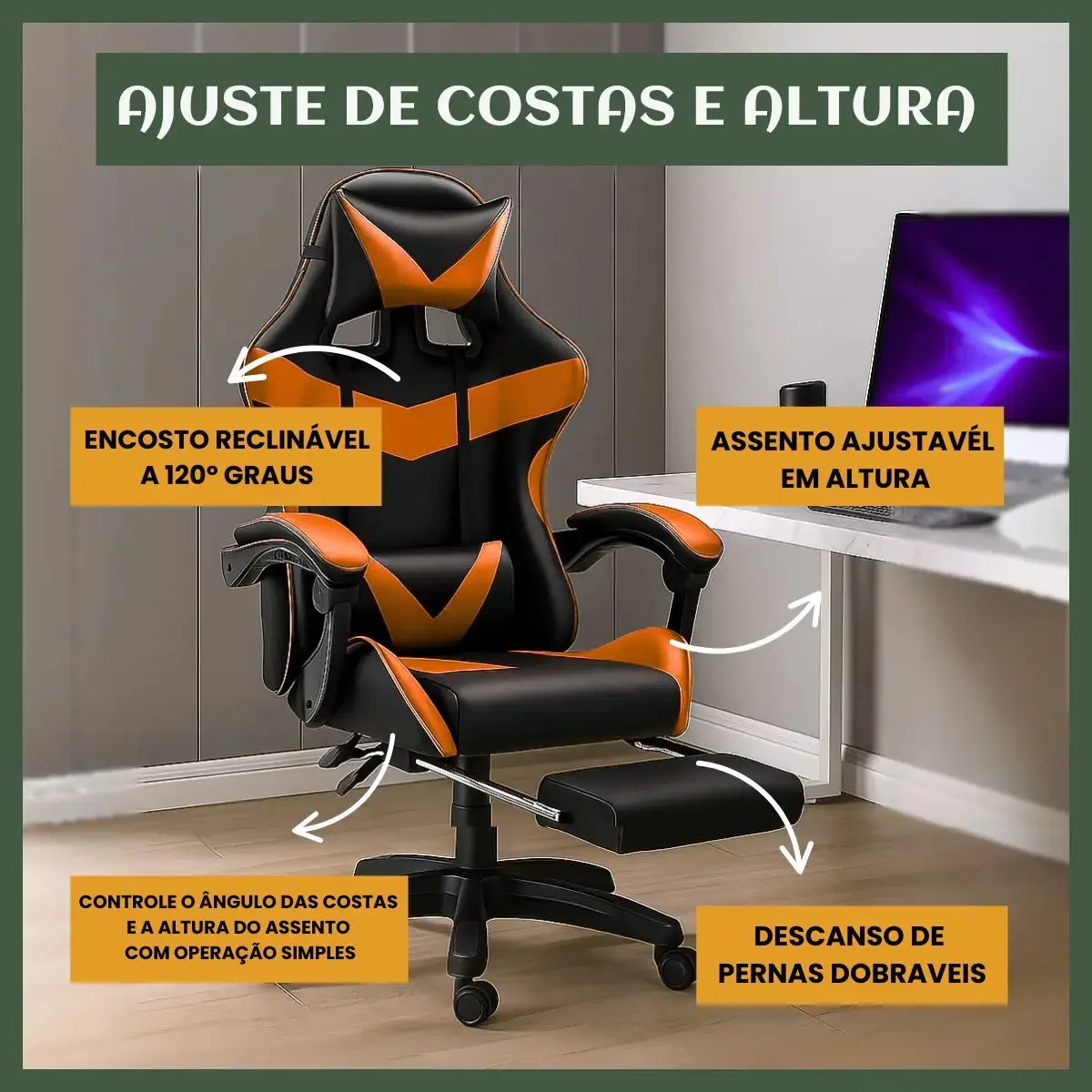 Cadeira De Escritório Gamer Nitro Ergonômica Estofado Couro Sintético Reclinável Altura Ajustável Apoio Para Pés Cor Laranja Luvinco thumbnail 9