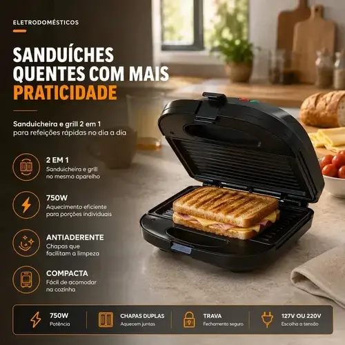 Sanduicheira Elétrica Preta Luxe Grill 2 em 1 Antiaderente Multiuso 750W Inox Preto Compacta para Sanduíches e Grill Elétrico Prático Viacruz - R$ 60