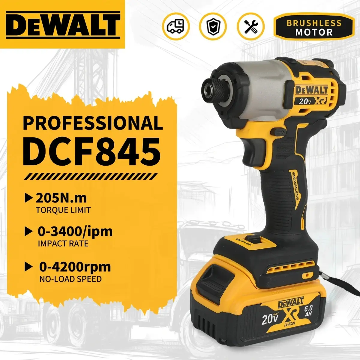 Parafusadeira elétrica de impacto DEWALT 20V sem escova, 205N.m, ferramentas elétricas de alto torque, velocidade ajustável DCF845