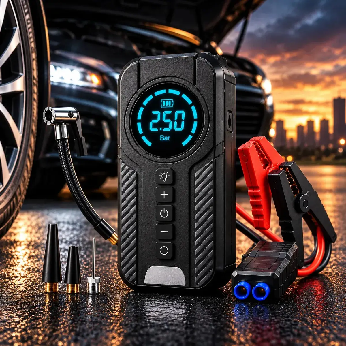Auxiliar De Partida Bateria Carro Compressor De Ar Portátil 12V 4 funções em 1 Inflador Digital Calibrador Pneu Power Bank Lanterna LED Emergência Automotiva Moto SUV Bicicleta Caminhonete MidiaFone - 1