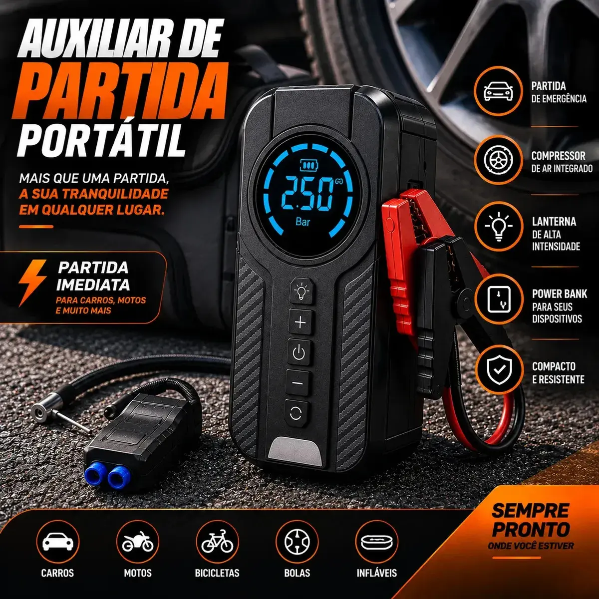 Auxiliar De Partida Bateria Carro Compressor De Ar Portátil 12V 4 funções em 1 Inflador Digital Calibrador Pneu Power Bank Lanterna LED Emergência Automotiva Moto SUV Bicicleta Caminhonete MidiaFone thumbnail 2