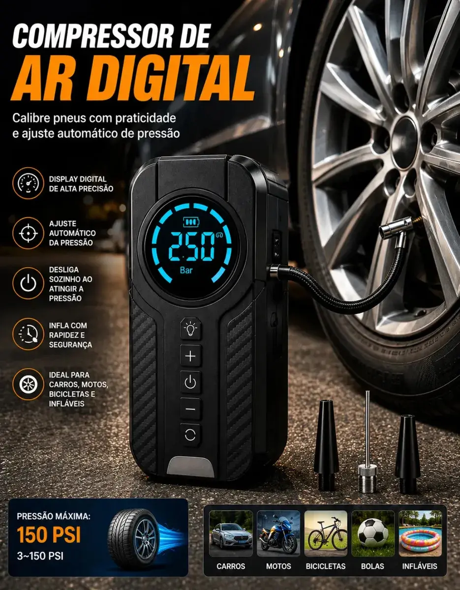 Auxiliar De Partida Bateria Carro Compressor De Ar Portátil 12V 4 funções em 1 Inflador Digital Calibrador Pneu Power Bank Lanterna LED Emergência Automotiva Moto SUV Bicicleta Caminhonete MidiaFone thumbnail 3