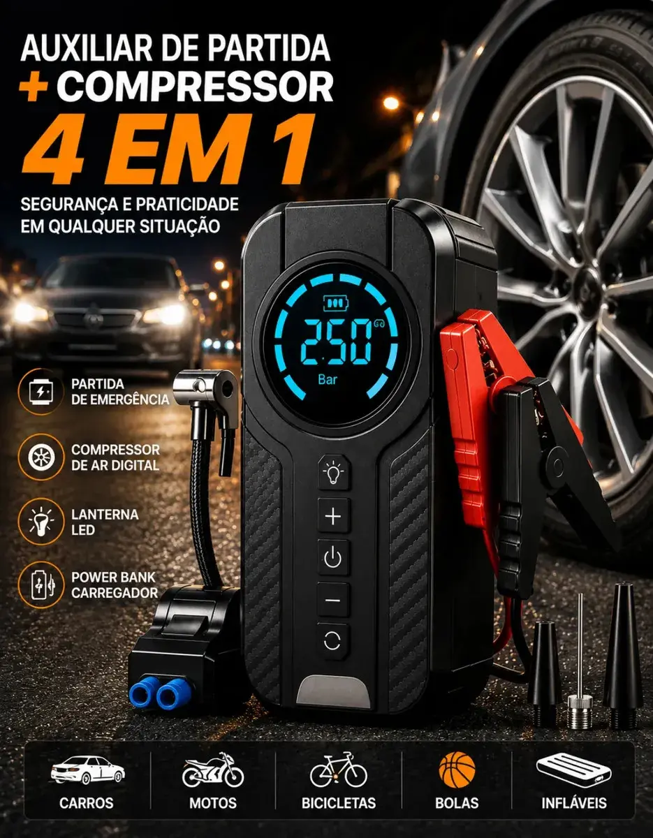 Auxiliar De Partida Bateria Carro Compressor De Ar Portátil 12V 4 funções em 1 Inflador Digital Calibrador Pneu Power Bank Lanterna LED Emergência Automotiva Moto SUV Bicicleta Caminhonete MidiaFone thumbnail 4