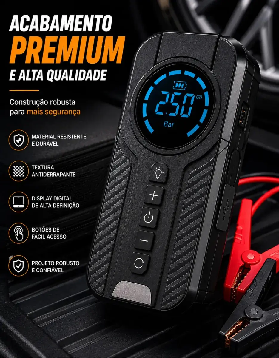 Auxiliar De Partida Bateria Carro Compressor De Ar Portátil 12V 4 funções em 1 Inflador Digital Calibrador Pneu Power Bank Lanterna LED Emergência Automotiva Moto SUV Bicicleta Caminhonete MidiaFone thumbnail 7