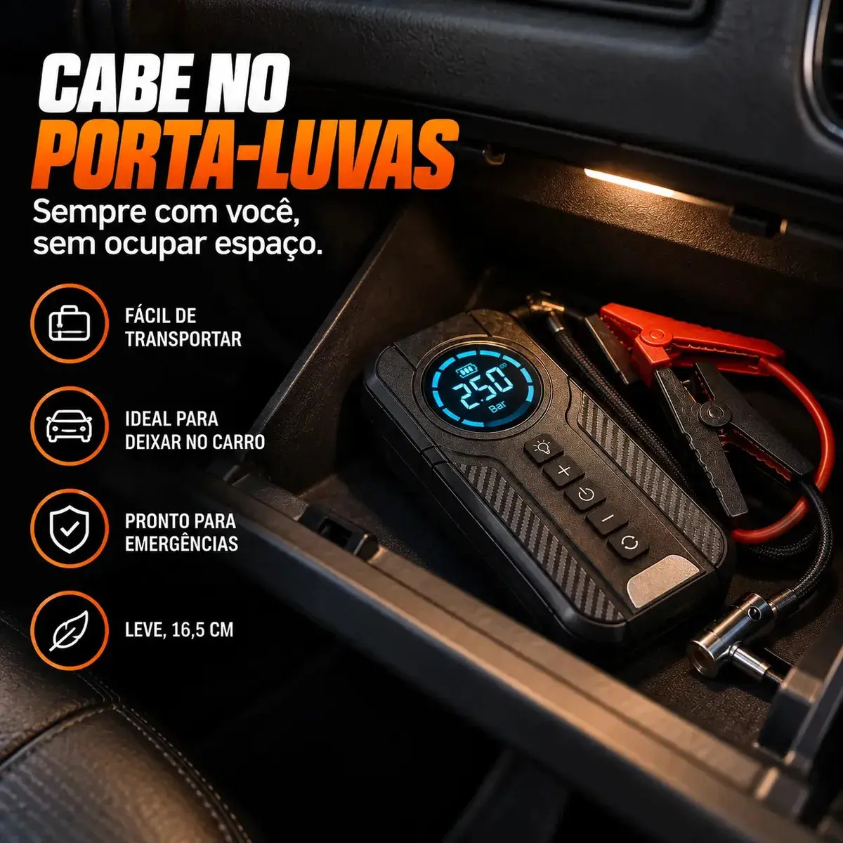 Auxiliar De Partida Bateria Carro Compressor De Ar Portátil 12V 4 funções em 1 Inflador Digital Calibrador Pneu Power Bank Lanterna LED Emergência Automotiva Moto SUV Bicicleta Caminhonete MidiaFone thumbnail 9