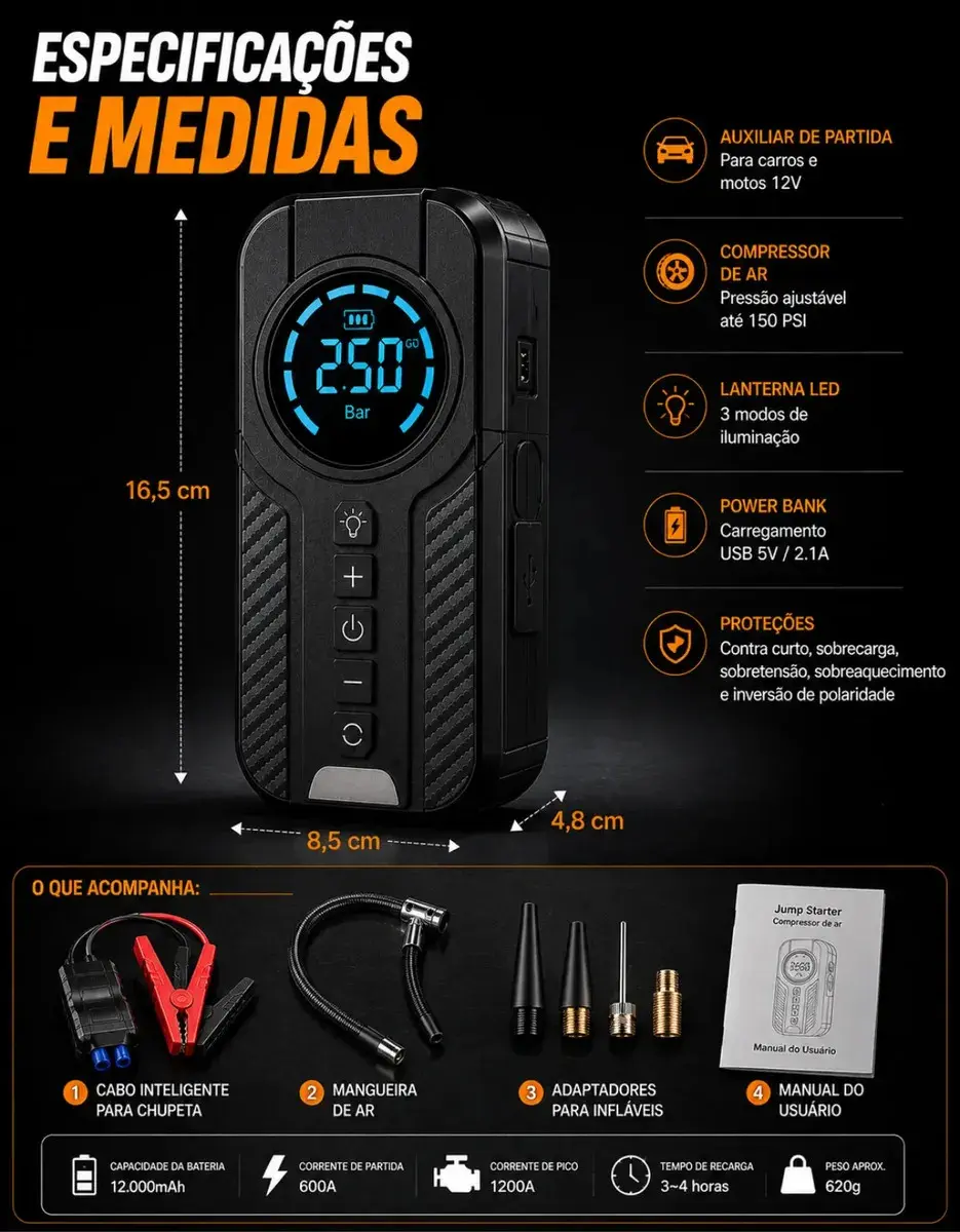 Auxiliar De Partida Bateria Carro Compressor De Ar Portátil 12V 4 funções em 1 Inflador Digital Calibrador Pneu Power Bank Lanterna LED Emergência Automotiva Moto SUV Bicicleta Caminhonete MidiaFone thumbnail 10
