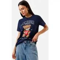 camiseta feminina de algodão estampada azul - 1