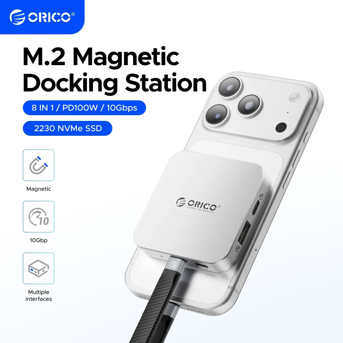 Orico 10gbps usb c m.2 2230 nvme ssd gabinete 4k60hz hd sd/tf leitor de cartão pd 100w carregador estação de encaixe magnético para iphone