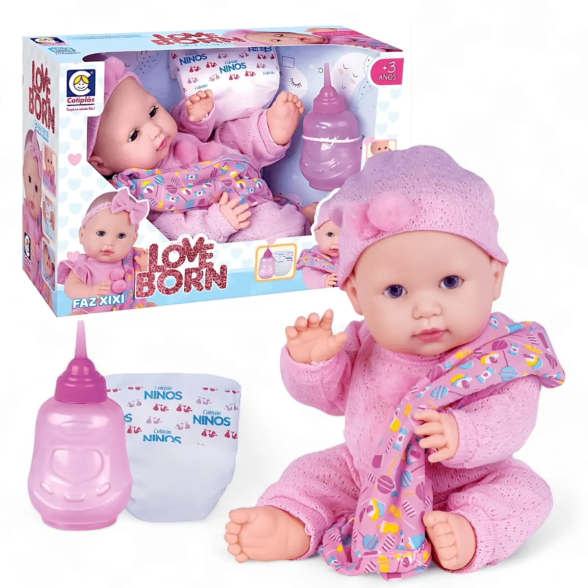 Boneca Reborn Love Born Faz Xixi com Mamadeira, Fralda e Mantinha – Olhos que Abrem e Fecham – Brinquedo Educativo Realista para Crianças - 1