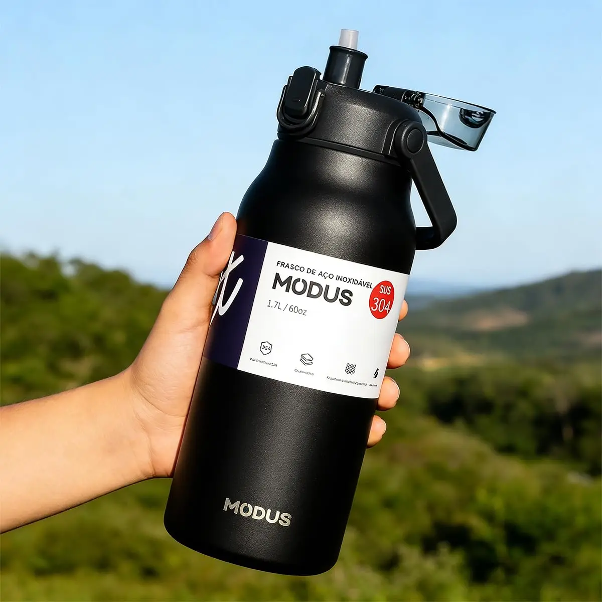 Garrafa Térmica 1,7L Aço Inox com Alça Larga, Canudo e Base de Silicone | para Acampamento e Trilhas (Preto)