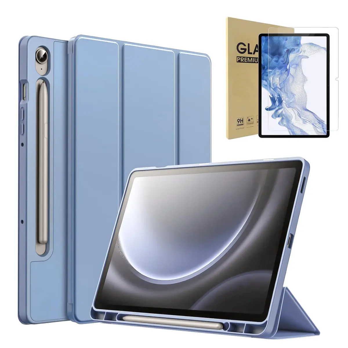 MONWO Capa para Samsung Galaxy Tab S10 Lite / S10 FE / S9 FE 10,9 Polegadas com S Pen Suporte de Lápis, TPU Macio Suporte Triplo Dobrável Estojo Protetora para Tablet (Azul Celeste) - 1