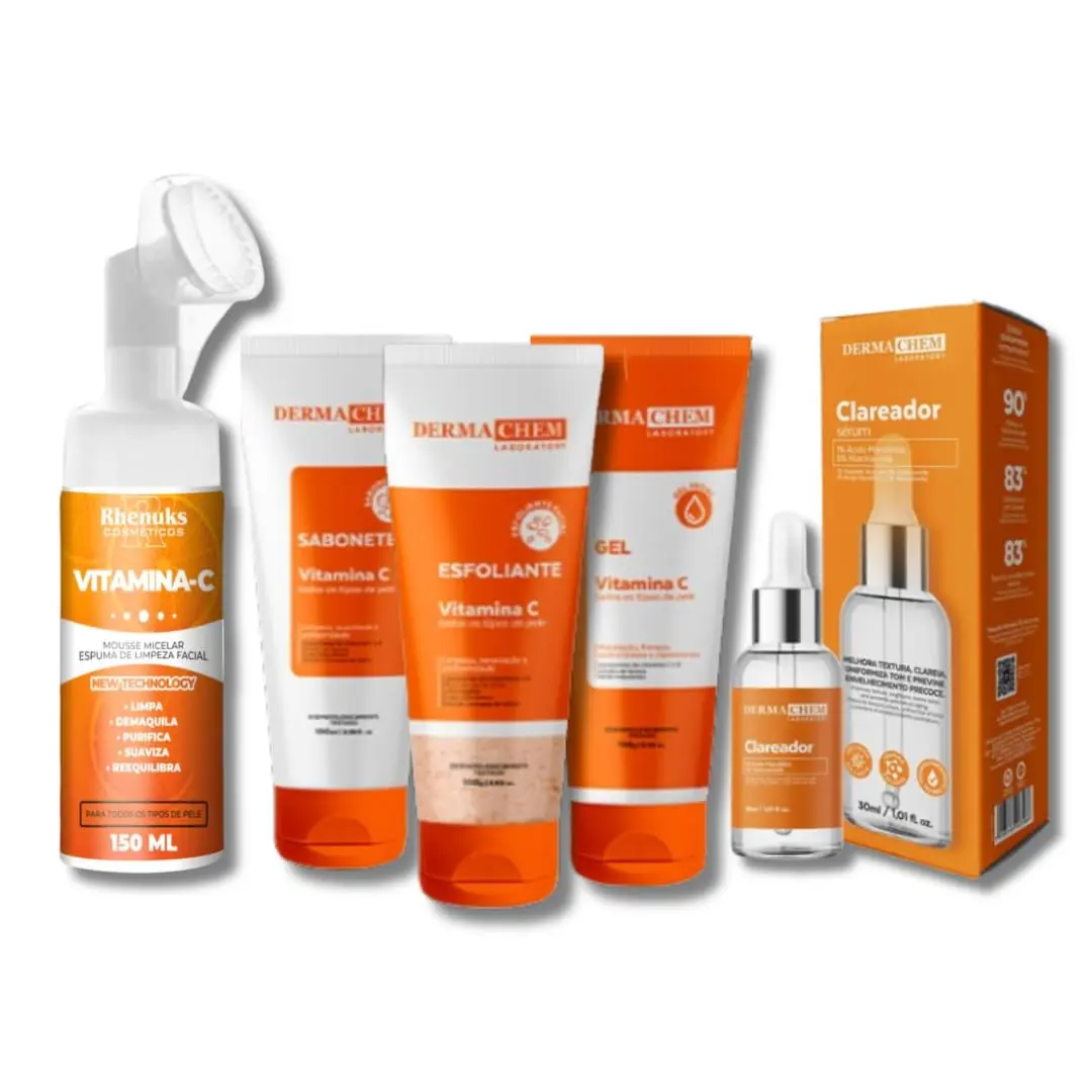 Kit Skincare Vitamina C Sabonete+Esfoliante+Gel Hidratante+Serum Clareador+Mousse Micelar Limpeza Facial anti manchas 150ml