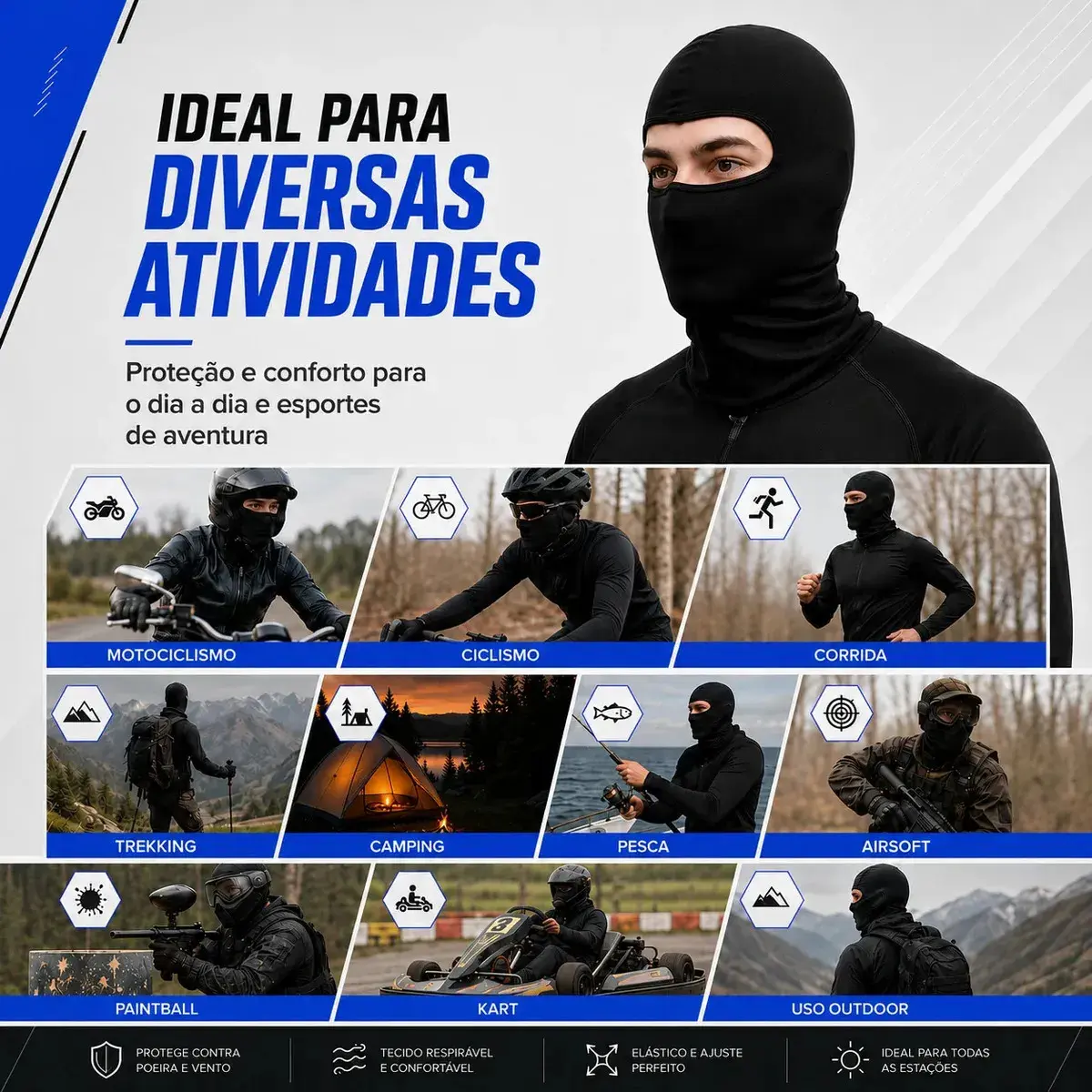 Touca Balaclava Ninja Uv50+ Térmica Respirável Moto Bike Corrida Ciclismo Motoboy Academia Proteção Solar Frio Vento Secagem Rápida Unissex Preto Capa Rosto Facial - Topsand Activewear thumbnail 2