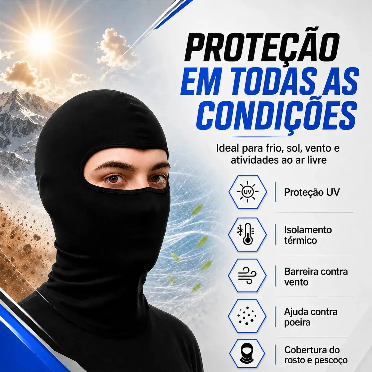 Touca Balaclava Ninja Uv50+ Térmica Respirável Moto Bike Corrida Ciclismo Motoboy Academia Proteção Solar Frio Vento Secagem Rápida Unissex Preto Capa Rosto Facial - Topsand Activewear thumbnail 3