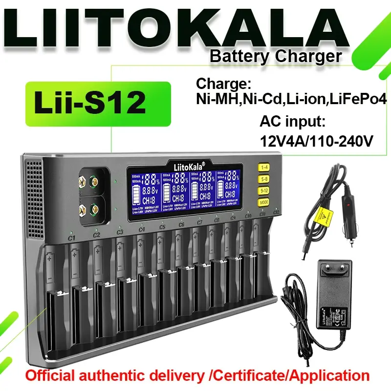 Carregador de Bateria LiitoKala Lii-S12 Lii-S8 Lii-S4 18650 26650 18350 21700 26500 4.2V para Baterias Recarregáveis de Íon de Lítio