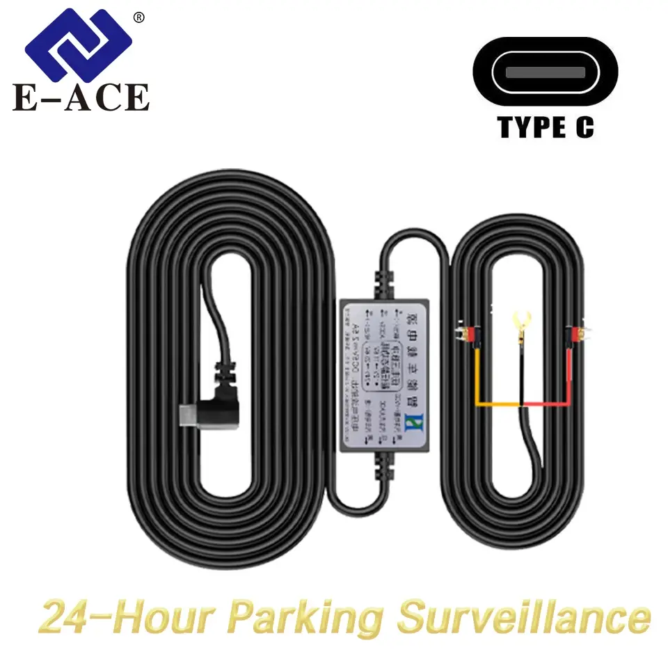 Kit de Instalação E-ACE 3.5M para Câmera Veicular (DashCam) com Conector Tipo-C 12V-24V para 5V/2.5A, Carregador DVR para Espelho com Fusível e Proteção contra Baixa Tensão, Fácil Instalação - 1