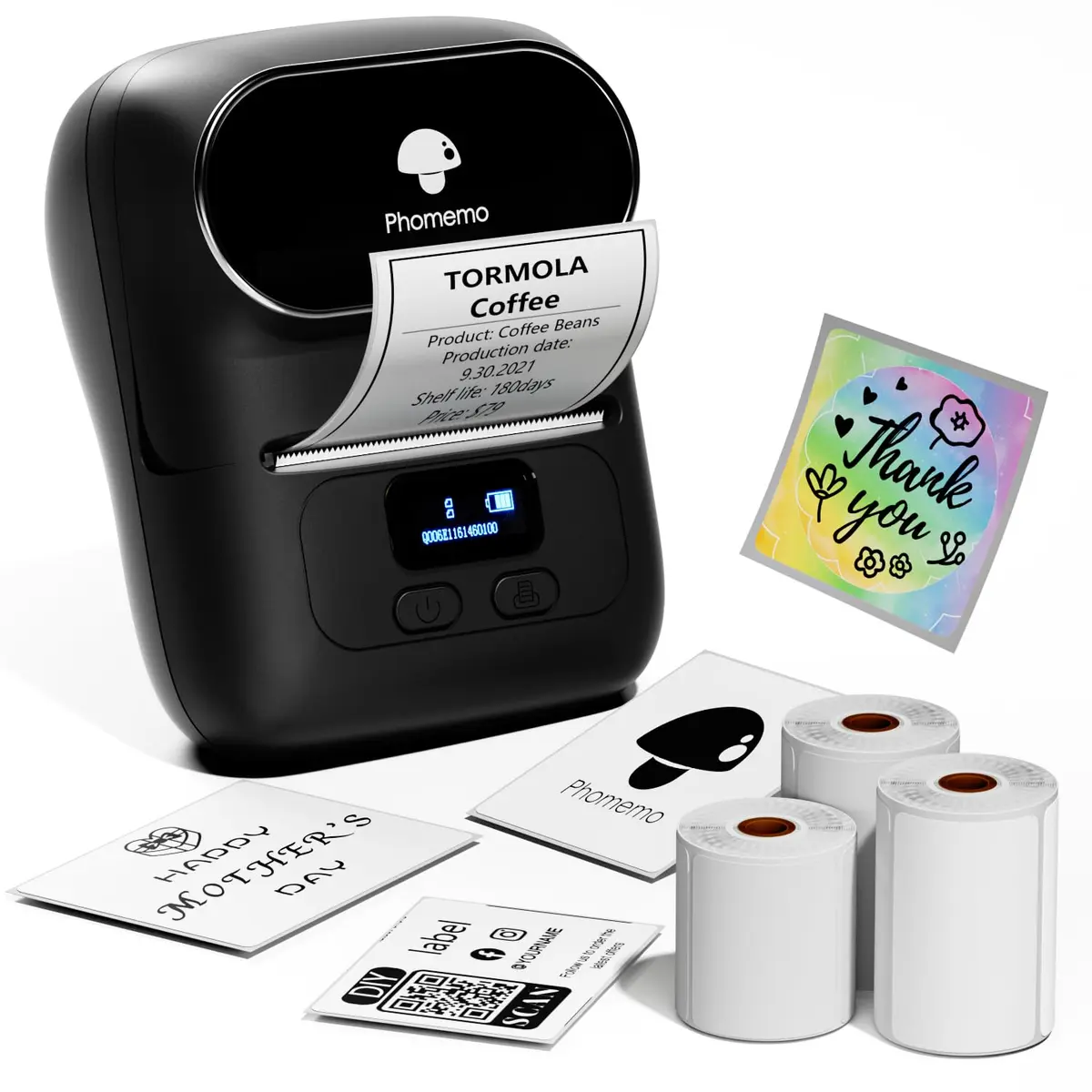 Phomemo Label Maker - Impressora de etiquetas de endereço M110 Bluetooth para negócios, escritório, escola, uso doméstico, código de barras, logotipo, etiqueta de roupas, com 3 etiquetas, preta