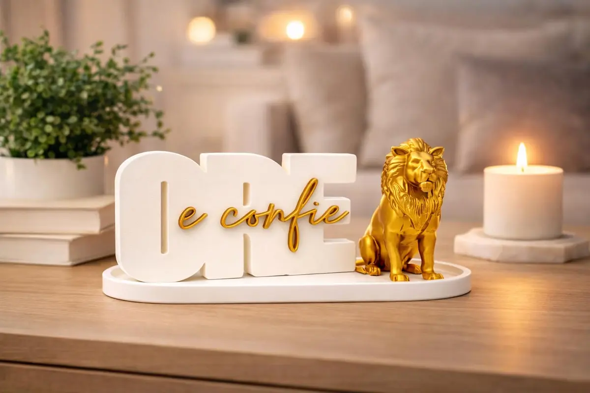 Letreiro Decorativo Ore e Confie Com Leão de Judá Base Bandeja Luxo Decoração Religiosa Sala Quarto Escritório