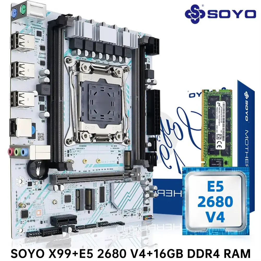 Soyo x99 placa-mãe lga 2011-3 conjunto kit xeon e5 2680 v4 processador cpu 16g = 1*16g ddr4 reg ecc memória ram m.2 nome para computador - 1