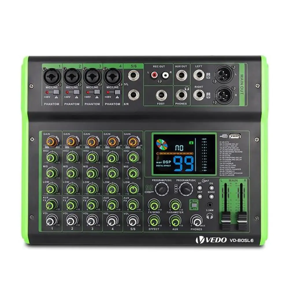 Mesa de Som Profissional Multifuncional de 6 Canais com 100 Efeitos de Reverb, Phantom Power de 48 V, Bluetooth e Conexão Telefônica Sem Fio para Ao Vivo/Karaokê/Gravação - 1