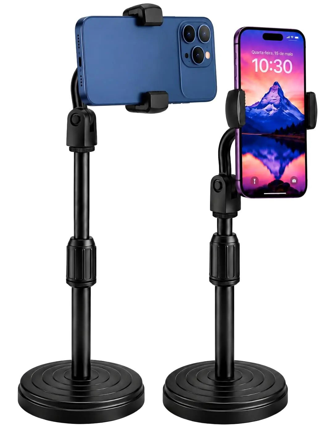 Suporte para Celular de Mesa Articulado com Altura Regulável | Base Pesada Antiderrapante | Rotação 360° | Para Lives, Vídeos, Home Office, Estudos | Compatível iPhone Samsung Xiaomi Motorola (Preto) - 1