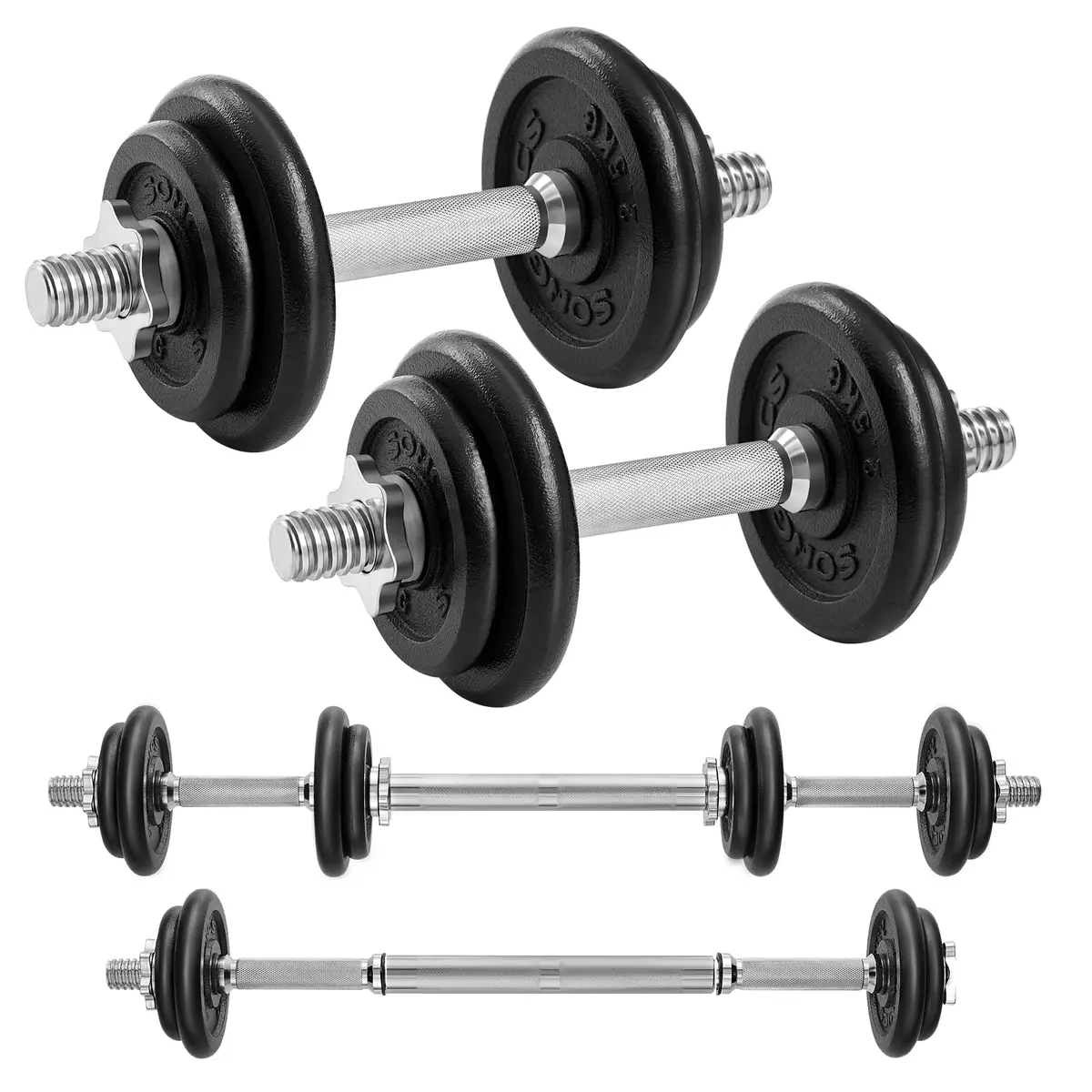SONGMICS Halteres de Ferro Fundido 2 em 1, 10/15 kg, Ajustável para Treino Masculino e Feminino, Treinamento Fitness, Musculação, Preto e Prata