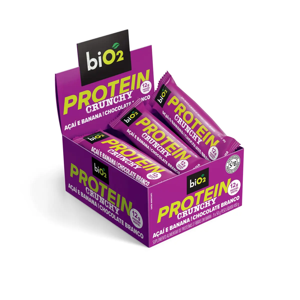 Barra de Proteína Crocante biO2 Protein Crunchy Açaí com Chocolate Branco, Caixa com 9 unidades de 50 g, Vegana e sem Glúten