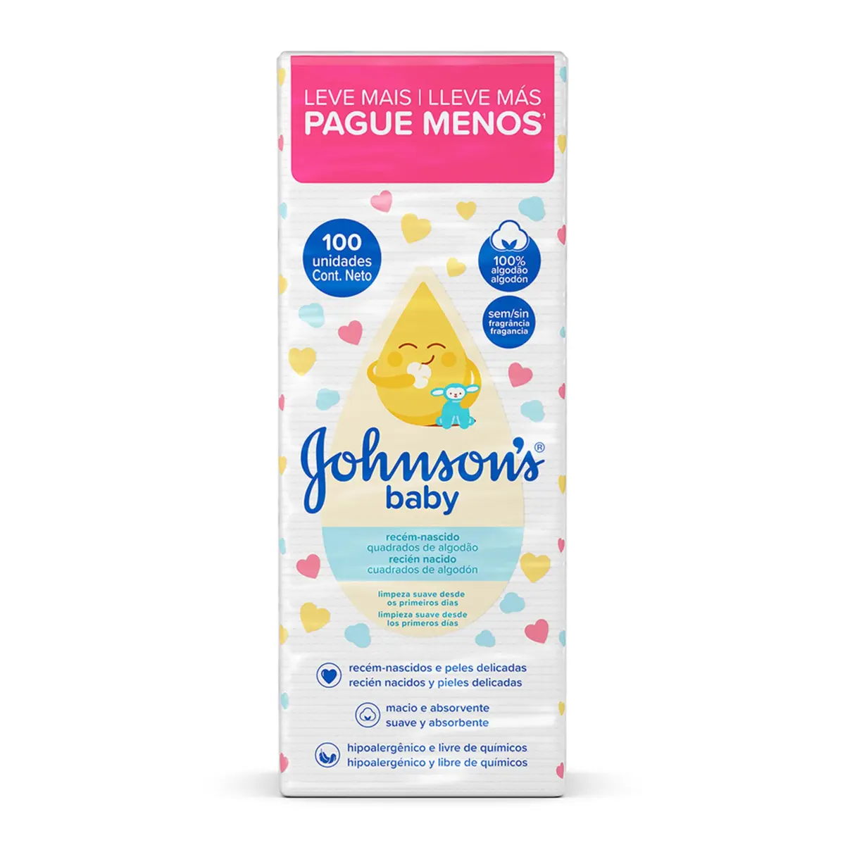 Quadrados de Algodão Johnson's Baby, Recém-Nascido, 100 Unidades | Hipoalergênicos, Macios, Absorventes, Ideal para Peles Delicadas
