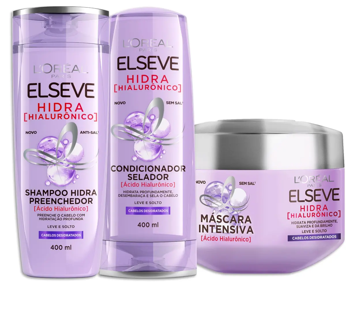 L'Oréal Paris Elseve Hidra Hialurônico Kit Capilar Shampoo, Cond e Máscara | Ácido Hialurônico, 4x Mais Hidratação, Anti-Frizz.