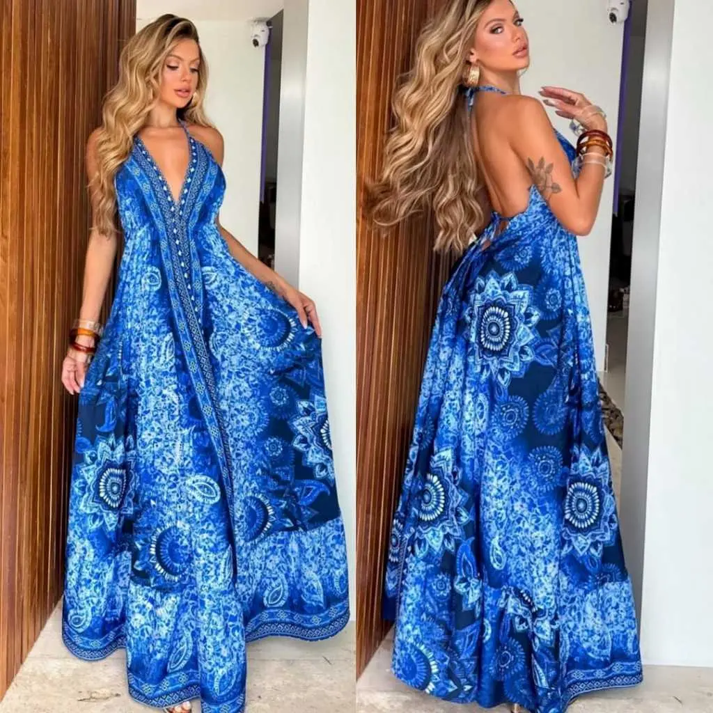Vestido Indiano longo ESTAMPADO LONGO FRENTE Única e costa Nua, ELEGANTE - 1