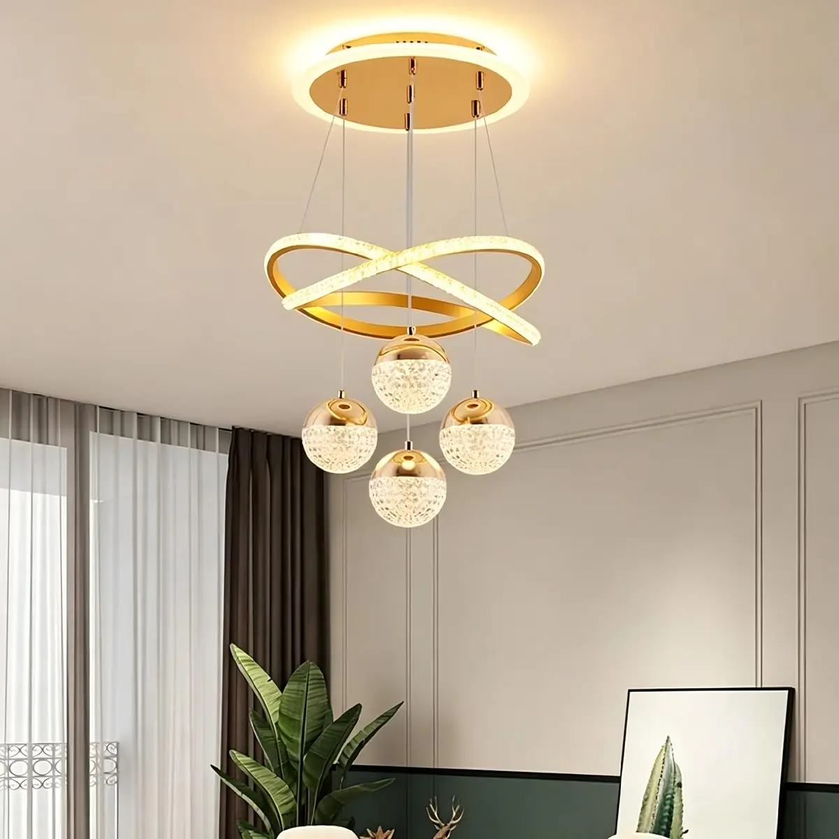 EKROTOK Luminária Pendente de LED, Lustre de LED Pendente Com 4 Bolas, Luminária de Teto com 3 Cores Claras para Sala de Jantar, Cozinha, Ilha, Sala de Estar, Quarto (85-265V) - 1