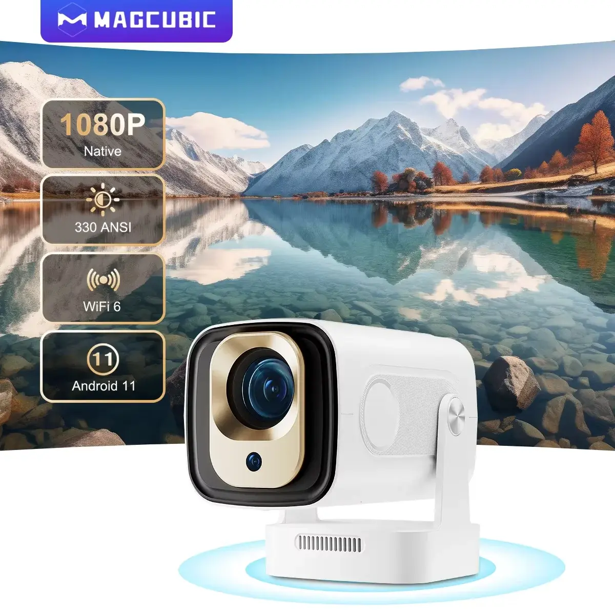 Projetor Magcubic Auto Focus 330 ANSI HY310 com Suporte a 4K, 1080P, Android 11, WiFi6, BT5.4, Controle por Voz, Portátil para Casa
