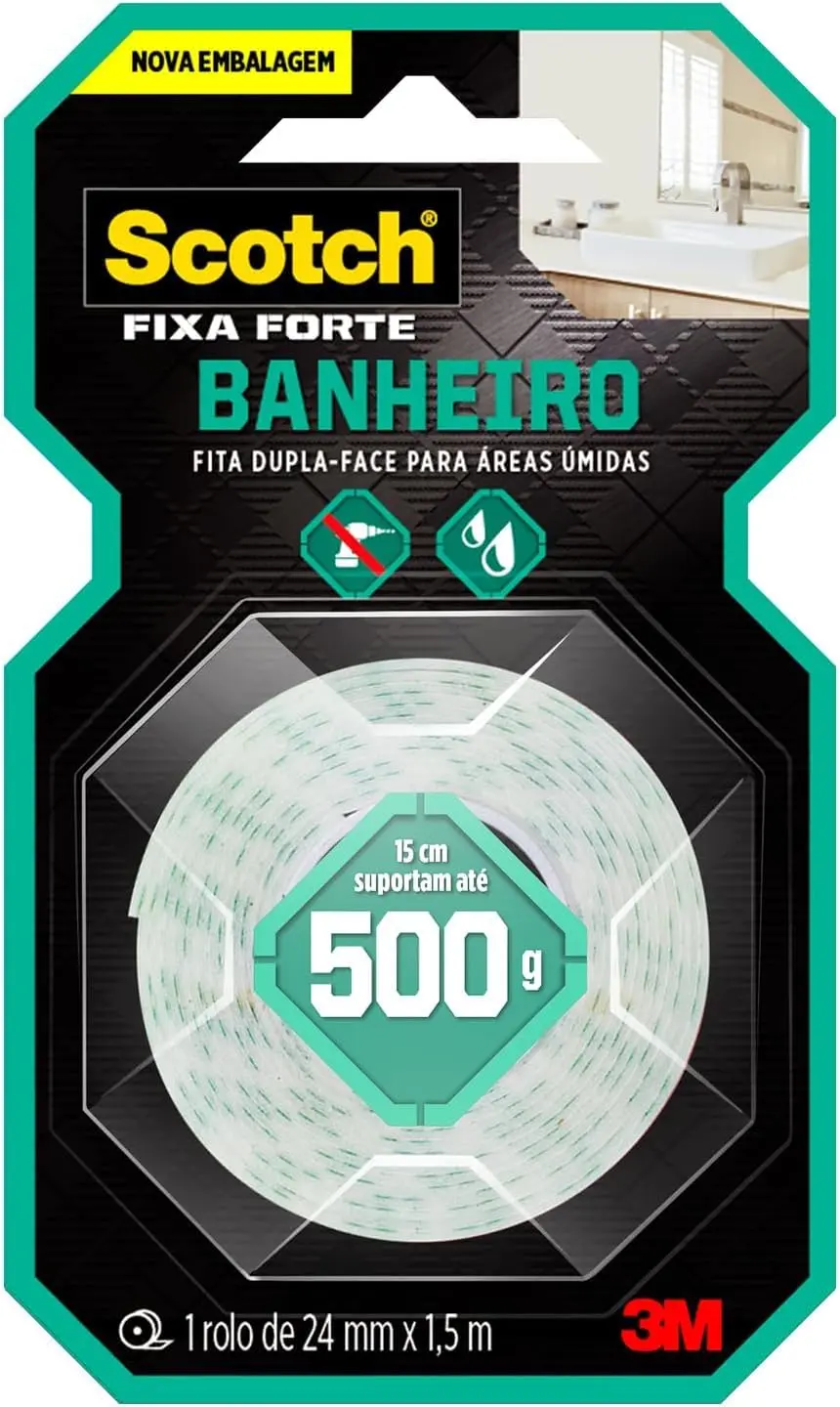 SCOTCH 3M Fita Dupla-face Fixa Forte para Banheiro 24 mm x 1.5 m 1 Unidade | Aplicação Prática e Rápida, Suporta até 500 g por 15 cm, Fixação Firme, Ideal para Áreas Úmidas, Substitui Pregos e Parafusos - 1