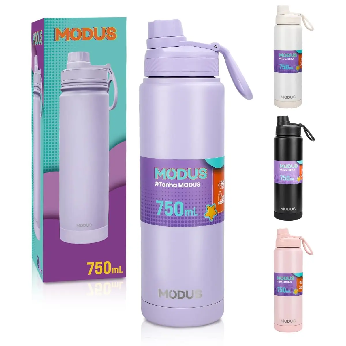 MODUS 750mL Garrafa de Água Térmica Inox Isolada a Vácuo | com Base Emborrachada Anti Derrapante, Adesivo (Roxo 750mL)