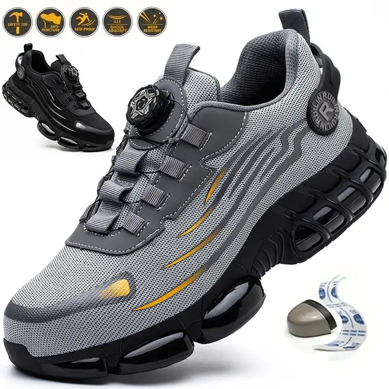 Botão rotativo sapatos de segurança homens anti-esmagamento anti-punctura sapatos de trabalho moda masculina sapatos esportivos de segurança botas de proteção de segurança